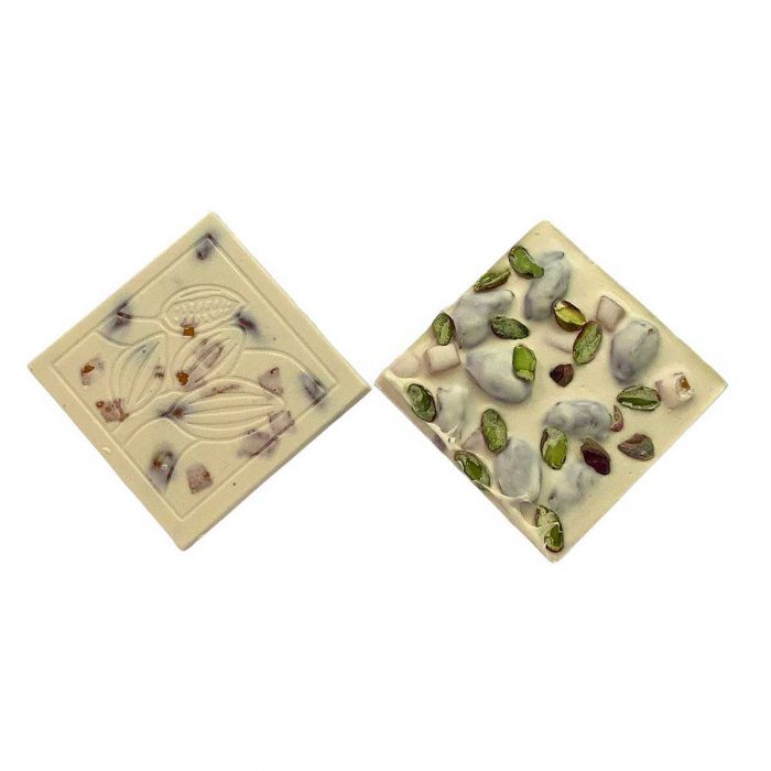 White Chocolate vanilla infused with pistachio, caramelized almonds and dried fruits