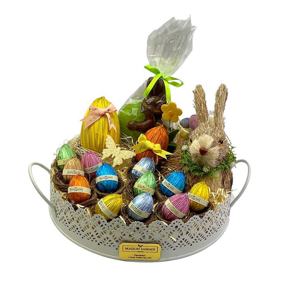 Easter arrangement with chocolate eggs and bunny