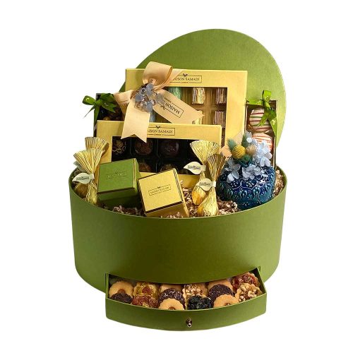 Green Luxury Oval Hamper with Drawer, Large