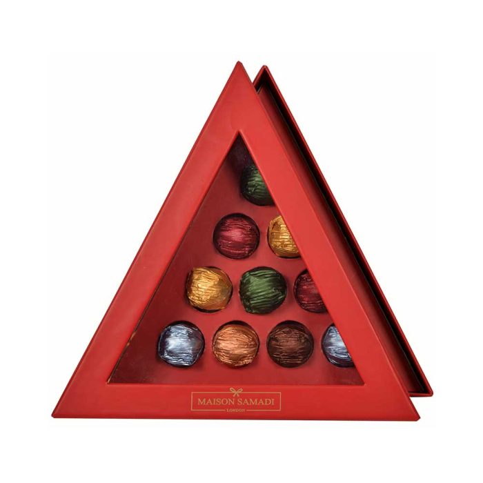 Luxury Chocolate Christmas Tree Gift Box, 10 pcs with a selection of chocolate truffles.