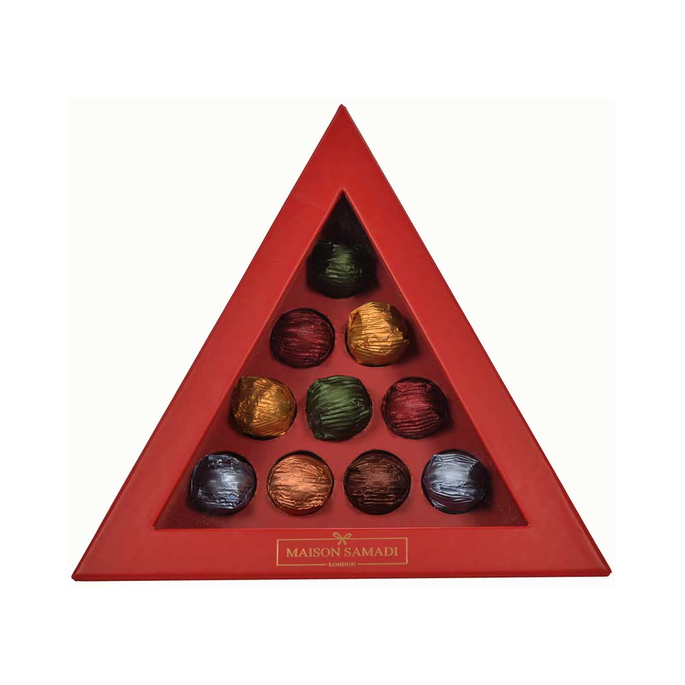 Luxury Chocolate Christmas Tree Gift Box, 10 pcs with a selection of chocolate truffles.