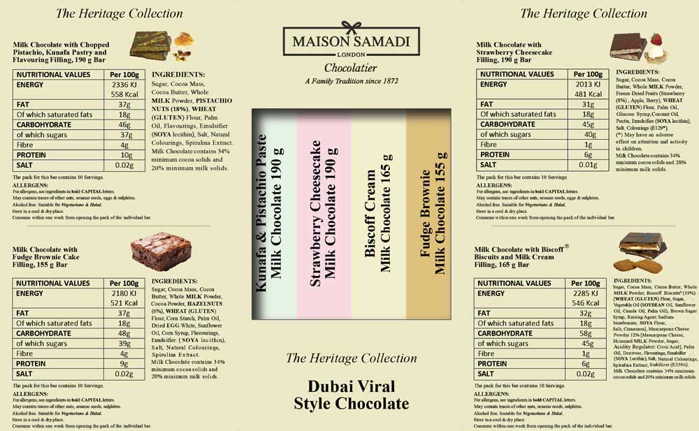 Dubai Viral Style Chocolate Bars Collection Gift Box, 4 Bars, 700 g 10 Dubai Viral Style Chocolate Bars Ingredients