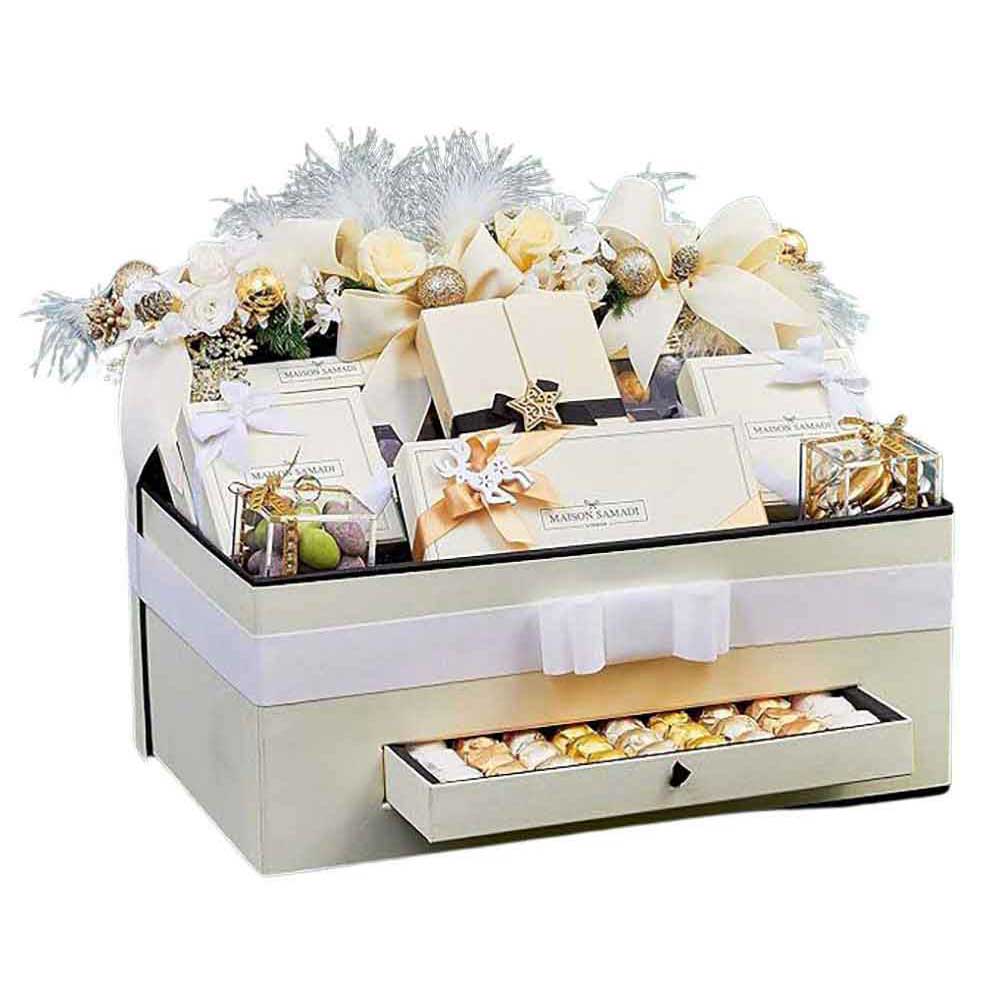 Luxury Christmas Hamper with Drawer with Real Preserved White Flowers