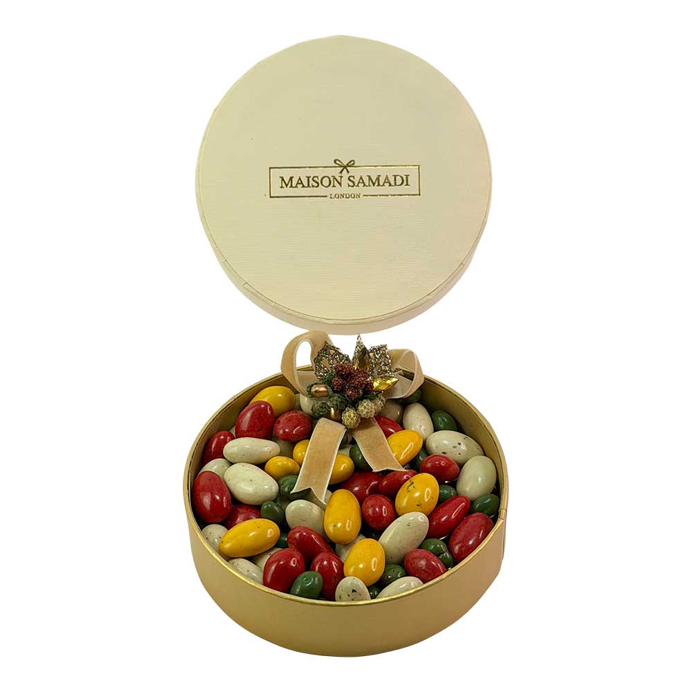 Chocolate Coated Almonds in a Round Christmas Gift Box 165g